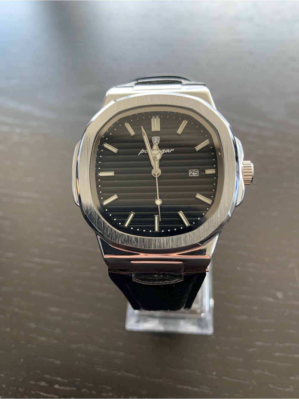 Nautilus Style Stainless Steel Watch - Black Dial with strap